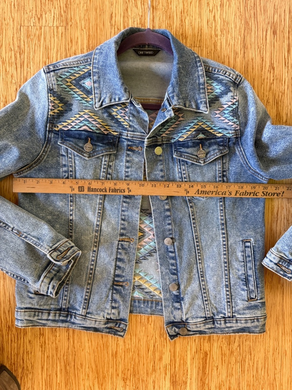 DRIFTWOOD Blue Denim Jacket with Multicolor Aztec Detail Small - Picture 7 of 9